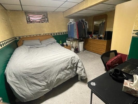 Basement bedroom with bed and desk.