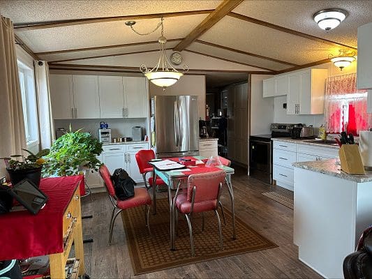 Mobile home kitchen dining area.