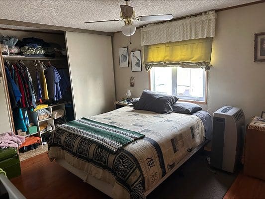 Bedroom with bed, closet, and window.