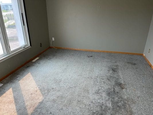 Dirty room with gray carpet and window.