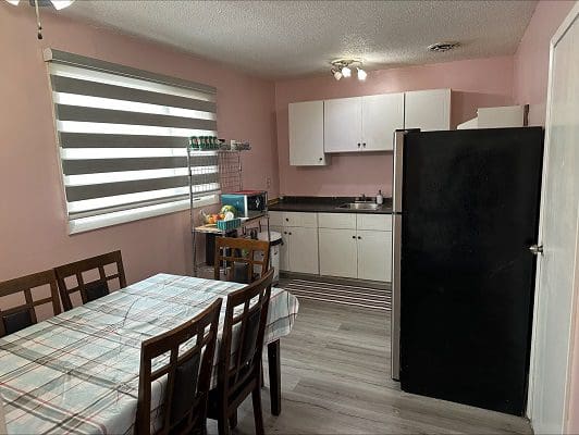 Dining area and kitchen in apartment.