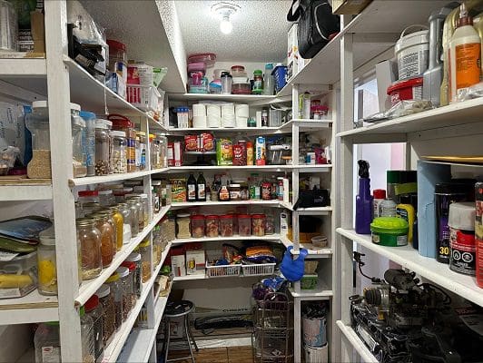 Organized pantry shelves full of food.
