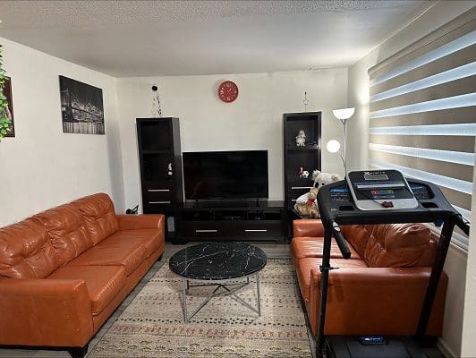 Living room with orange couches and treadmill.