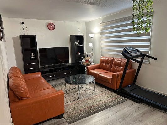 Living room with orange couch and treadmill.