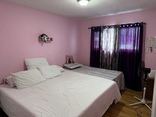 Pink bedroom with two beds and purple curtains.