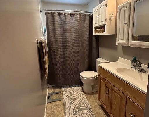 Small bathroom with shower and wooden vanity.
