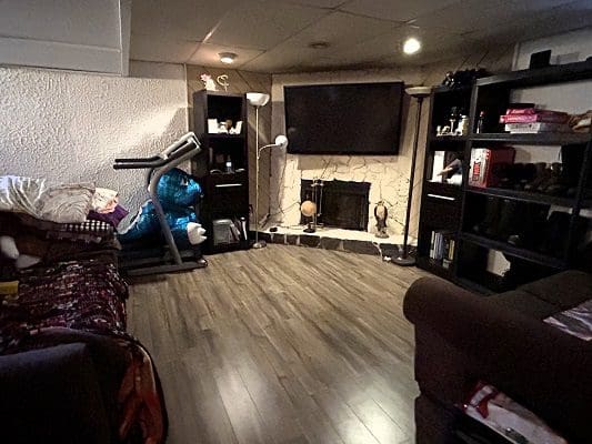 Basement living room with treadmill and fireplace.