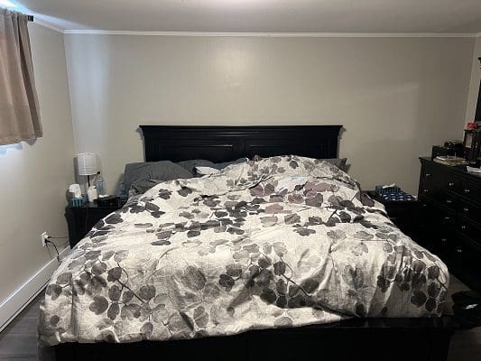 Bedroom with large bed and leaf print comforter.