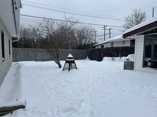 Snowy backyard with a metal stand.
