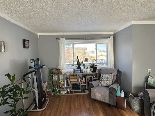 Living room with treadmill and window view.