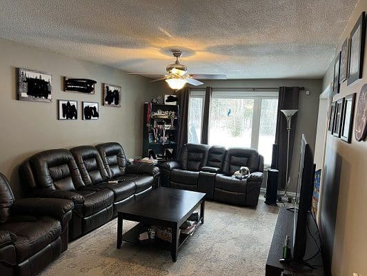 Living room with leather couches and TV.