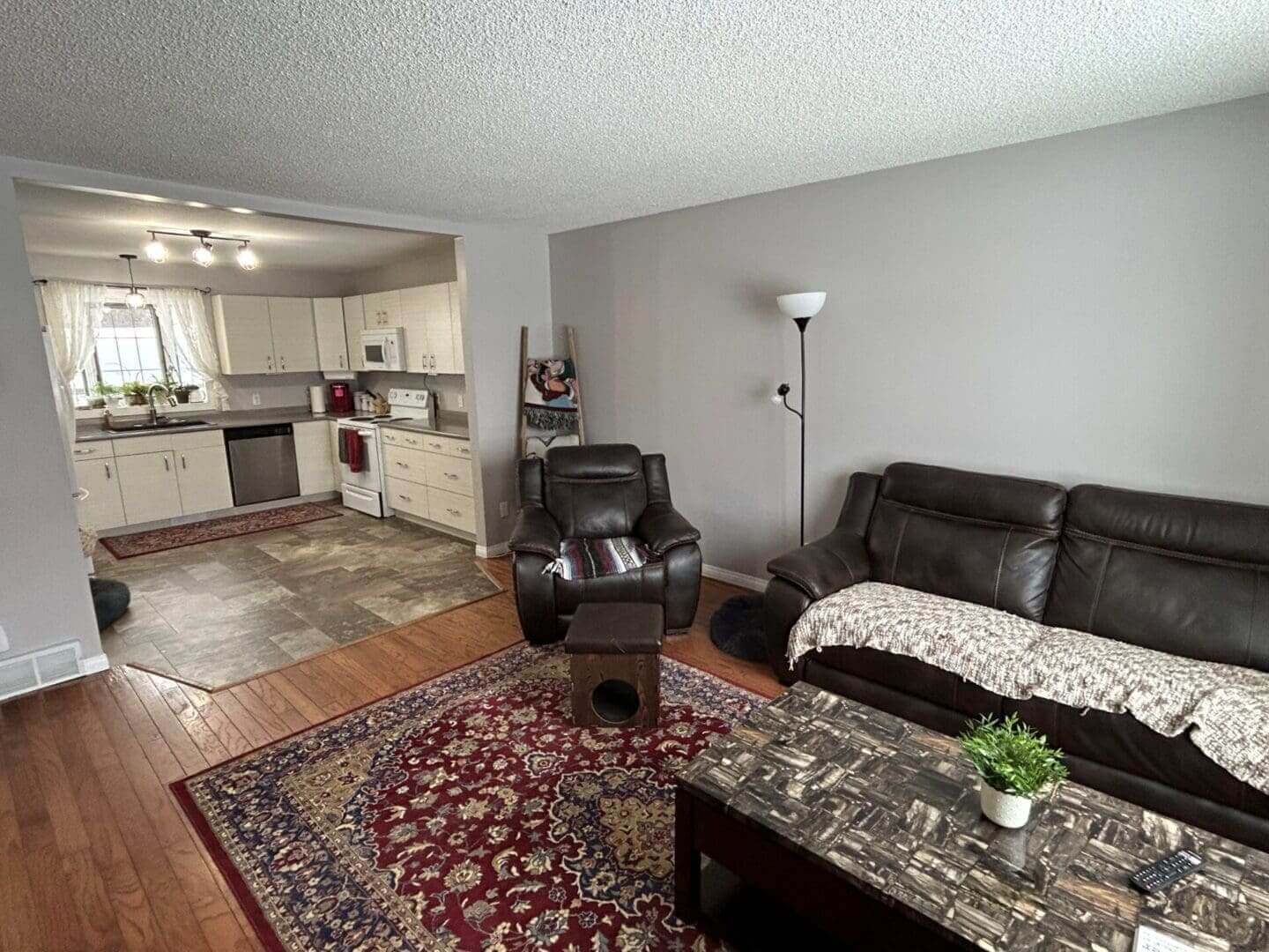 Open concept living room with kitchen.