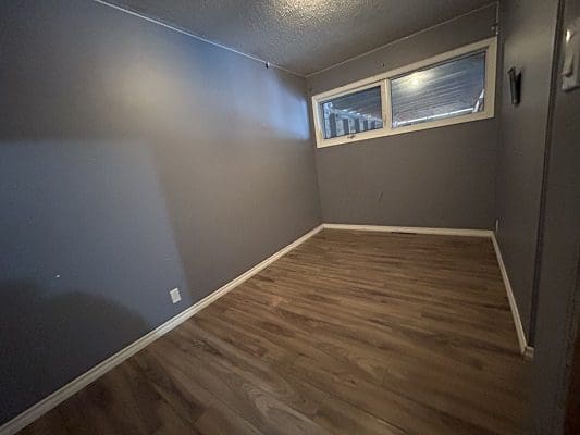 Empty gray room with wood floor.