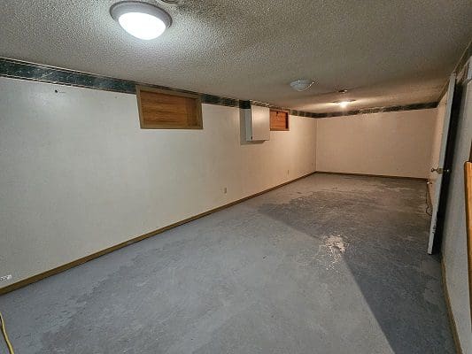 Empty basement with concrete floor.