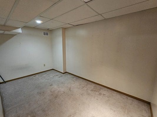 Empty basement room with carpet.