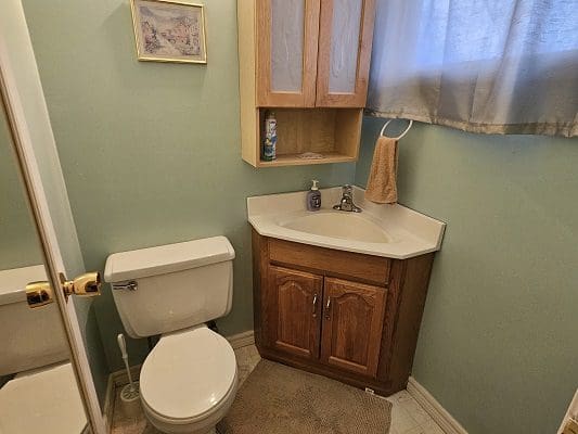 Small corner bathroom with toilet and sink.