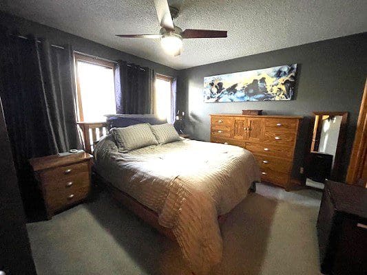 Bedroom with large bed and dresser.