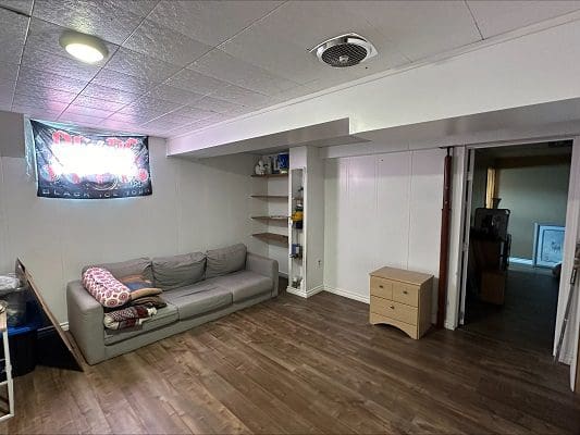 Basement living area with couch and shelves.