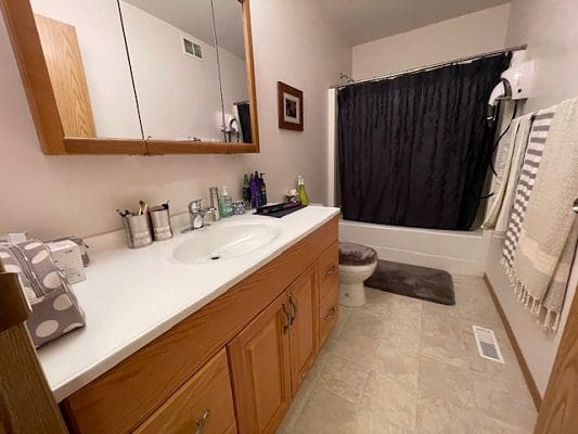 Bathroom with vanity, sink, and shower.
