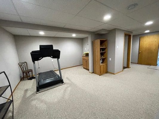 Basement gym with treadmill and shelving.