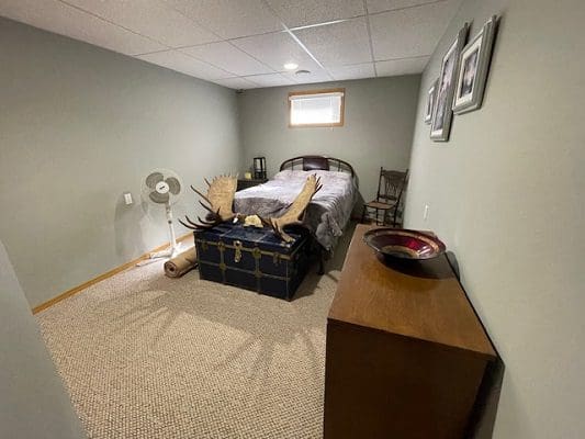 Bedroom with bed, antlers, and chest.