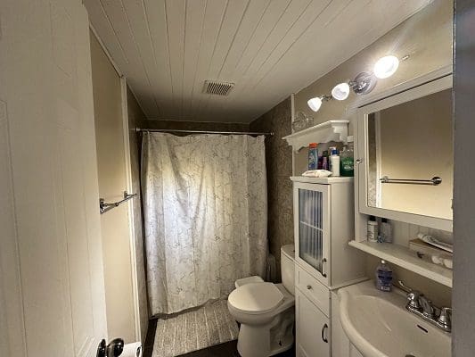 Small bathroom with shower and vanity.