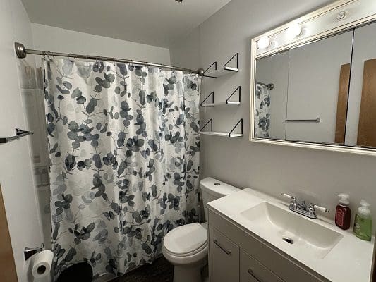 Bathroom with shower and white vanity.