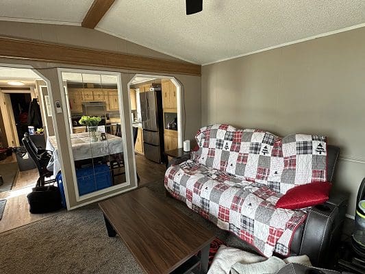 Mobile home living room with sofa.