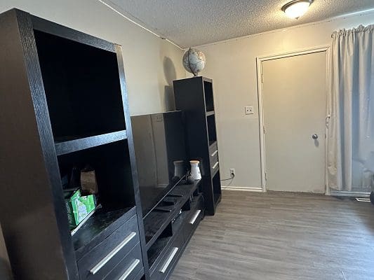 Black entertainment center with TV and globe.