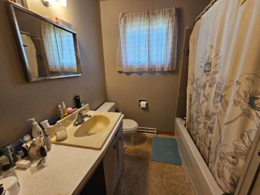Bathroom with shower, sink, and toilet.