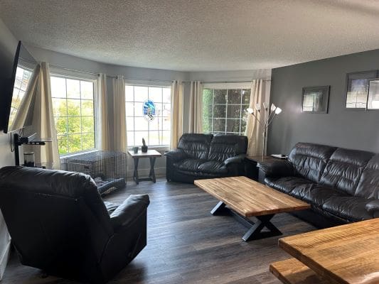 Spacious living room with leather sofas.
