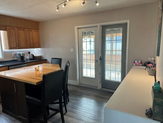 Kitchen island and patio doors.