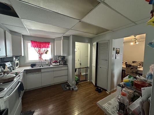 Bright kitchen with white cabinets and wood floor.