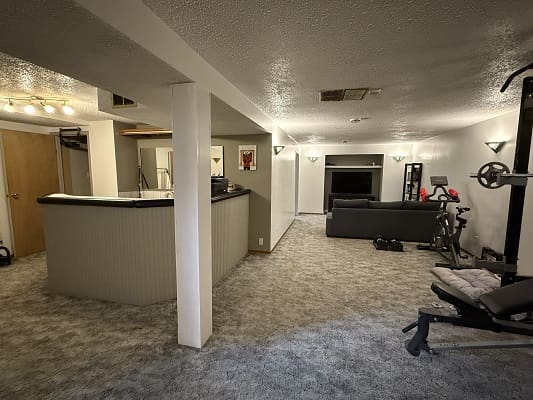 Basement with bar, seating, and exercise equipment.