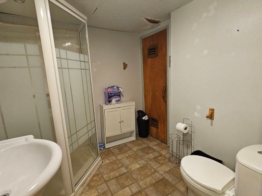 Bathroom with shower, sink, and toilet.