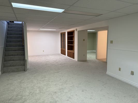 Carpeted basement with stairs and shelving.