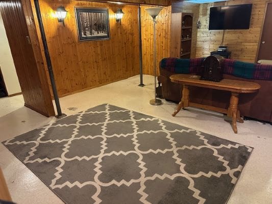 Cozy basement with patterned rug and sofa.