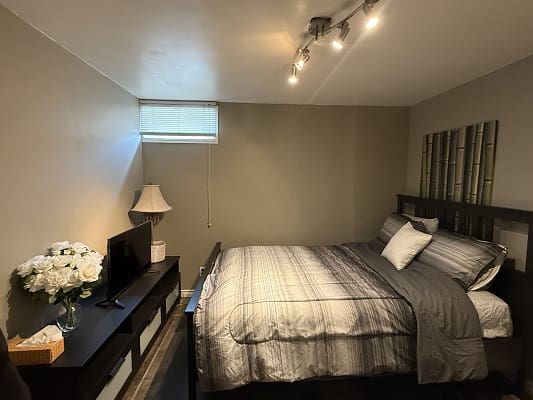 Cozy bedroom with bed and decor elements.