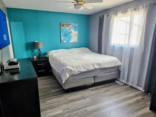 Bedroom with teal accent wall and bed.