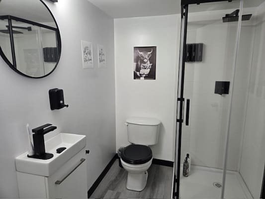 Modern bathroom with shower and black accents.
