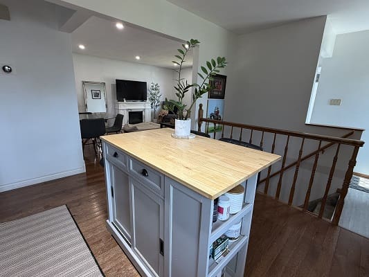 Kitchen island in modern, open-concept living space.