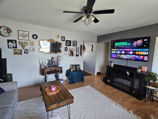 Living room with wall art and television.