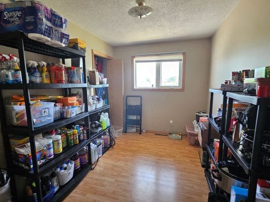 Storage room with shelves and household items.