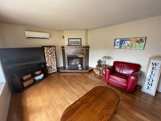 Cozy living room with fireplace and chair.