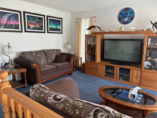 Cozy living room with brown furniture setup.