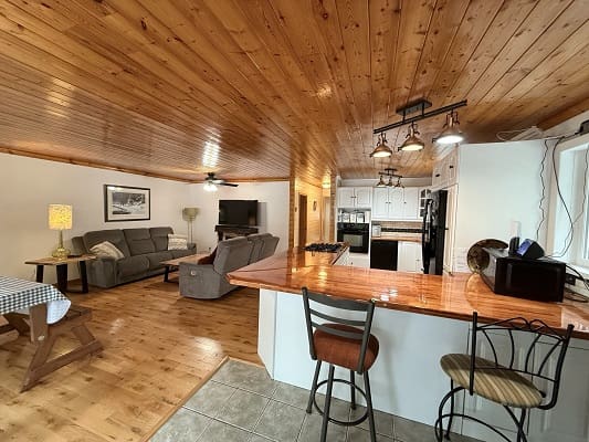 Rustic living room and kitchen with wood ceiling.