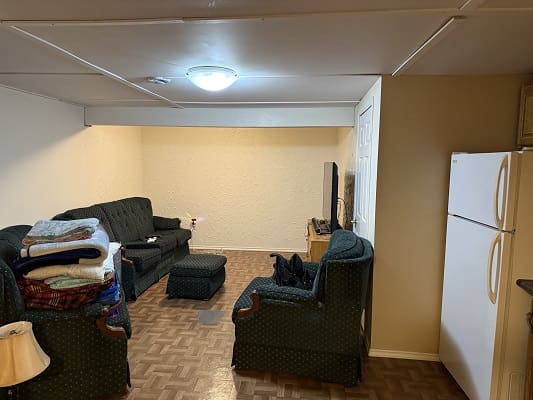 Basement room with sofas and refrigerator.
