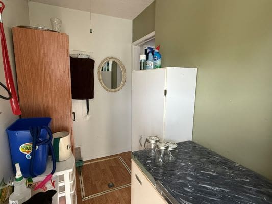 Laundry room with cabinets and cleaning supplies.