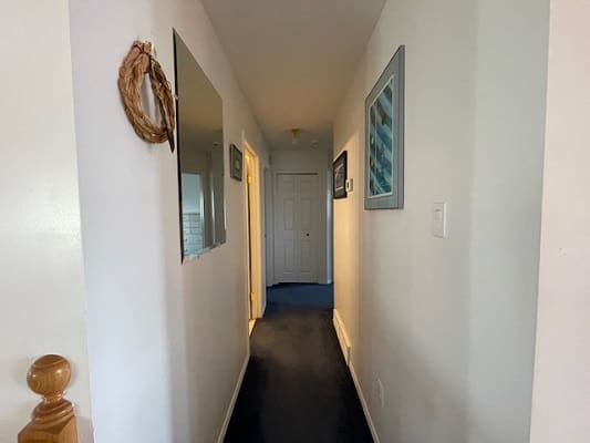 Narrow hallway with mirrors and decorations.