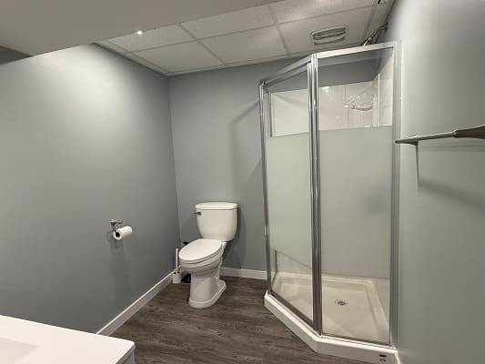 Modern bathroom with shower and toilet.